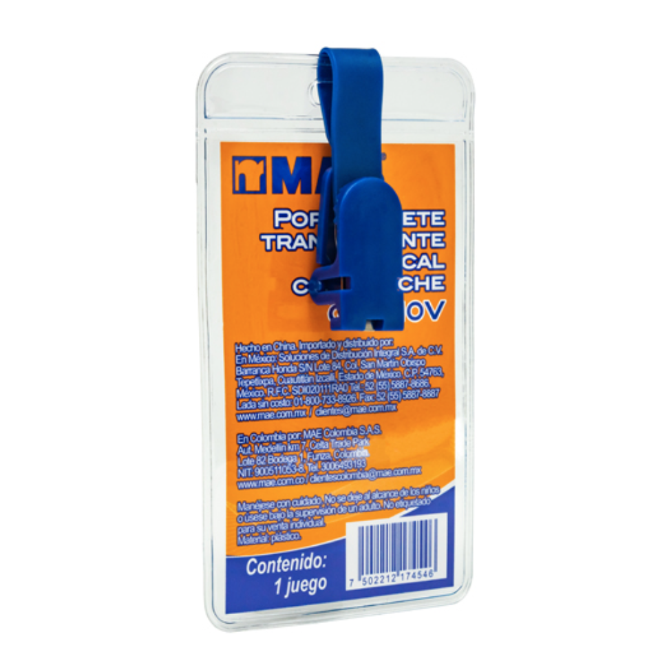 Gafete transparente vertical marca mae 1pieza	