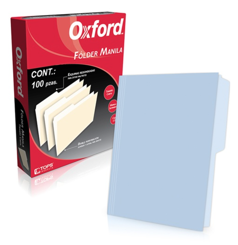 Folder manila Oxford carta color azul ceja 1/2 caja con 100 pzas