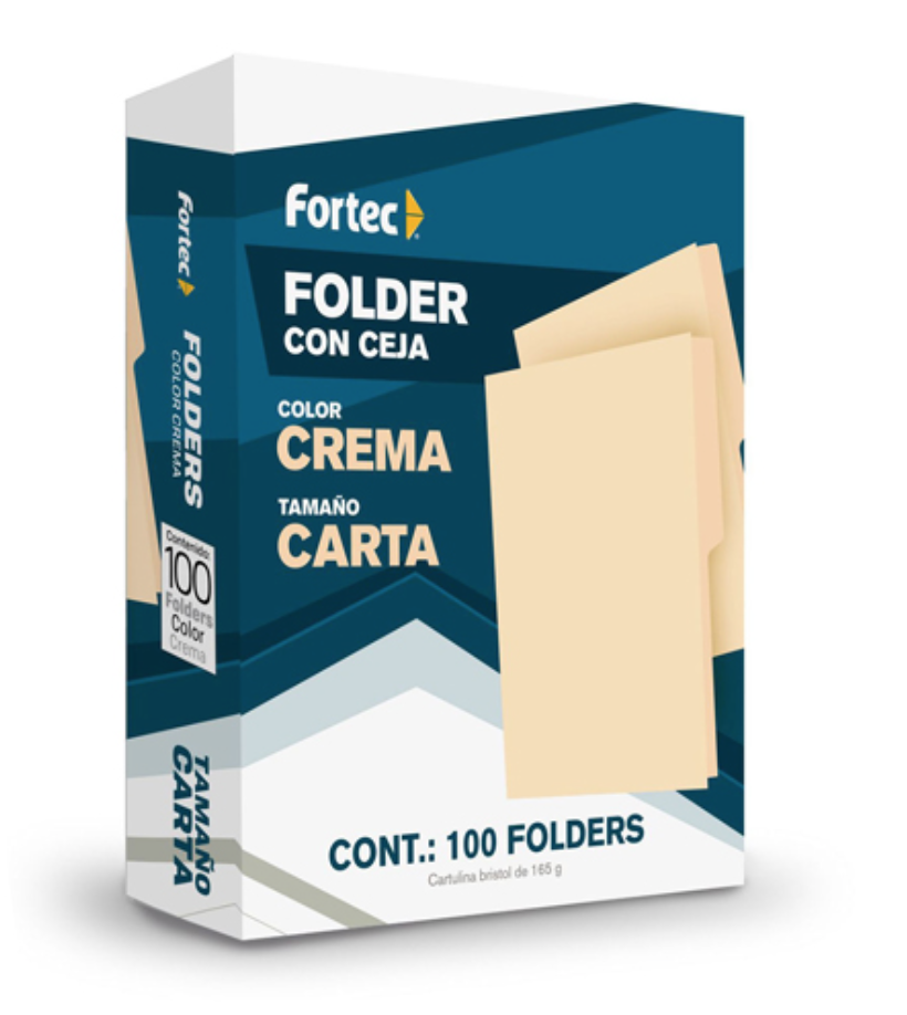 Folder manila económico Fortec, carta, color crema, ceja 1/2, caja con 100 pzas