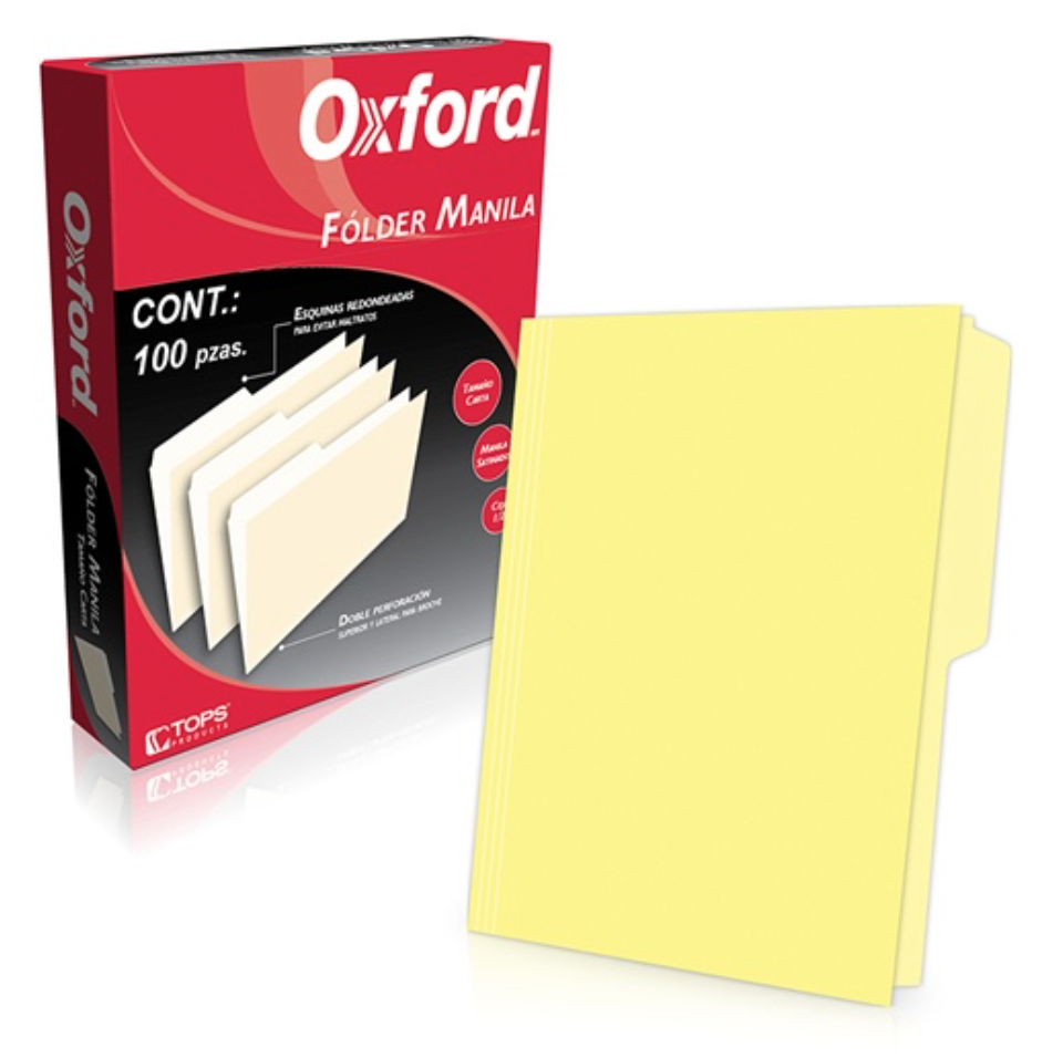 Folder manila Oxford carta color amarillo ceja 1/2 caja con 100 piezas	