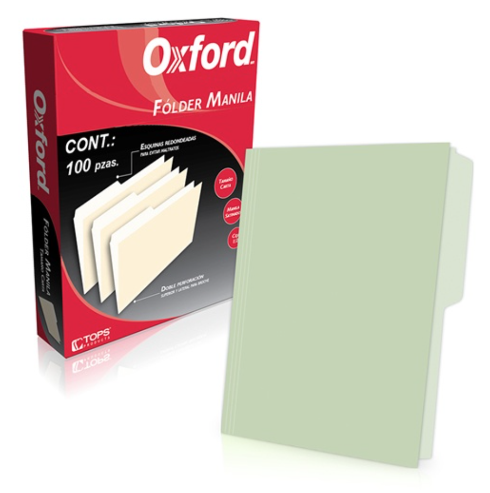 Folder manila Oxford carta color verde ceja 1/2 caja con 100 piezas	