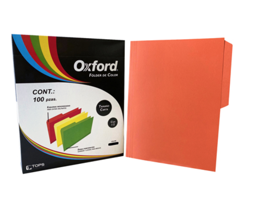 [ESS-FOL-M762NA] Folder de color Oxford carta color naranja ceja 1/2, caja con 100 piezas