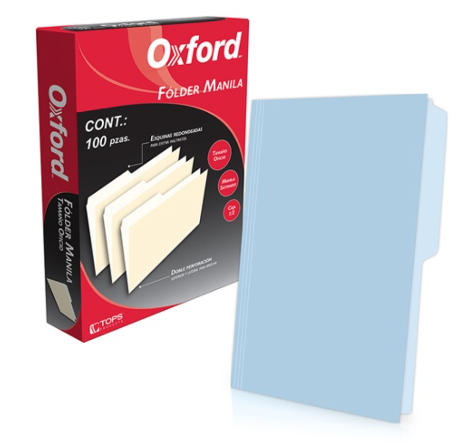 Folder manila Oxford oficio color azul ceja 1/2 caja con 100 piezas	