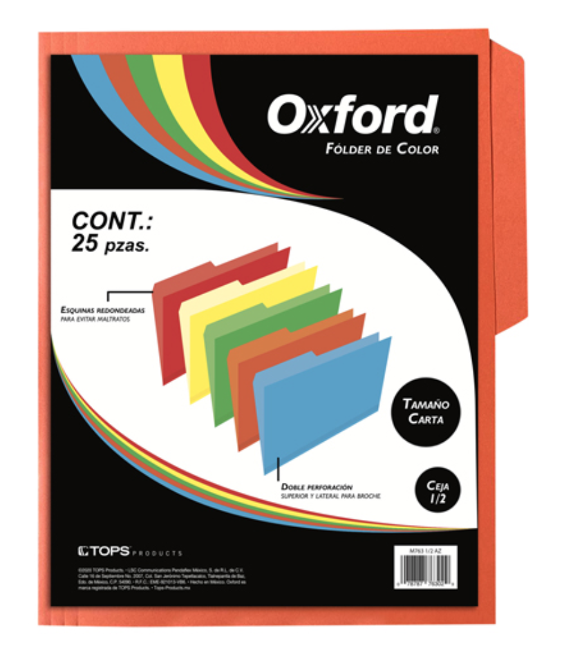 [ESS-FOL-M763NA] Folder de color Oxford carta color naranja ceja 1/2, caja con 25 piezas