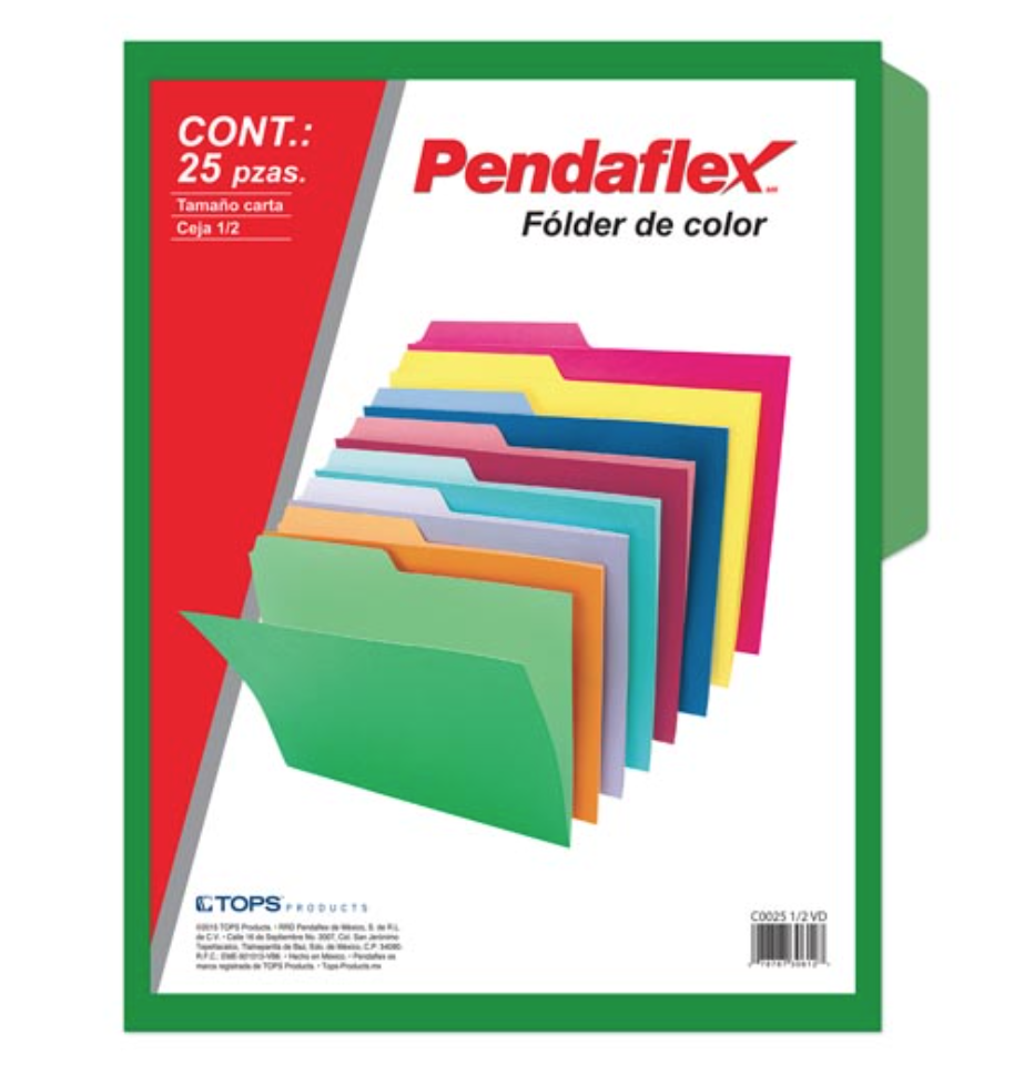 [ESS-FOL-02512VD] Folder de color Pendaflex carta color verde ceja 1/2, caja con 25 piezas