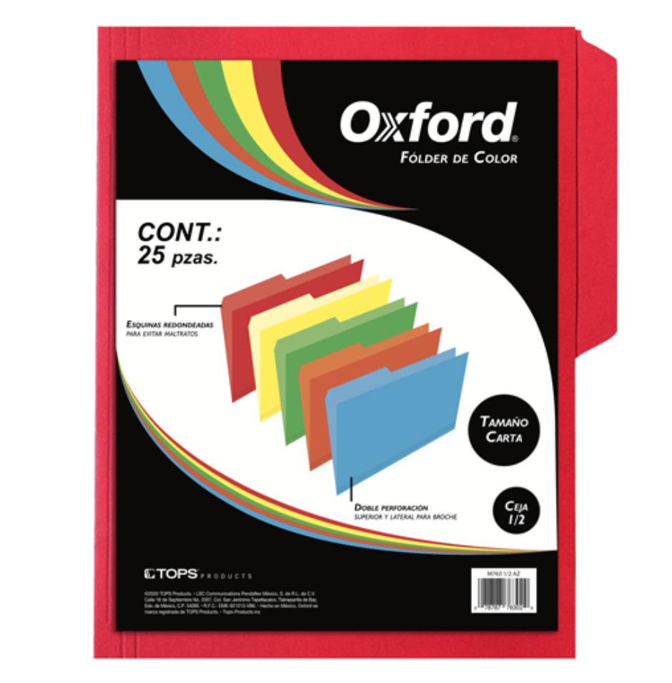 Folder de color Oxford carta color rojo ceja 1/2 caja con 25 piezas	