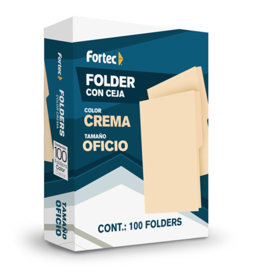 Folder manila económico Fortec, oficio, color crema, ceja 1/2, caja con 100 piezas	