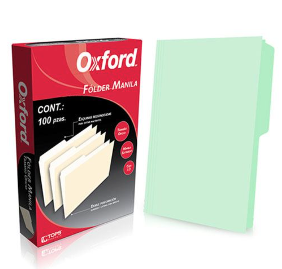Folder manila Oxford oficio color verde ceja 1/2 caja con 100 piezas	