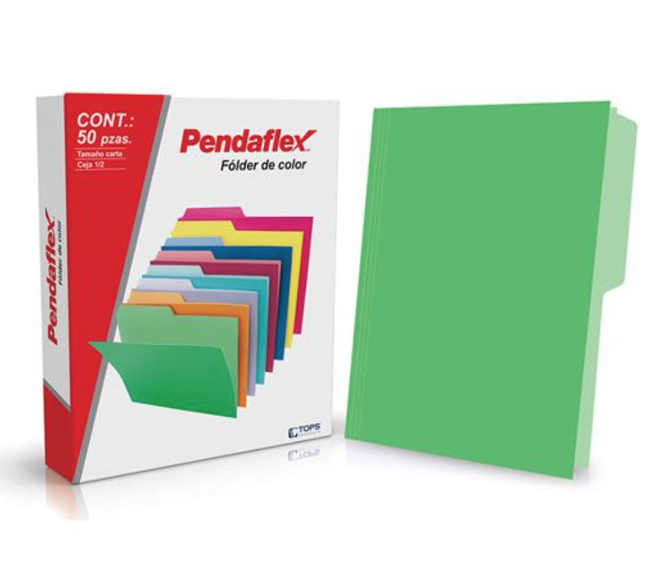 [ESS-FOL-05012VD] Folder de color Pendaflex carta color verde ceja 1/2, caja con 50 piezas