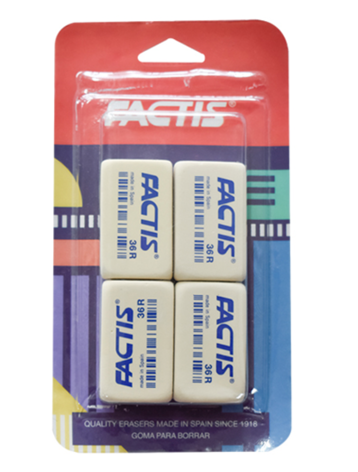 [DIE-GOM-5086] Goma Factis 36RB forma rectangular color blanco blíster 4 piezas