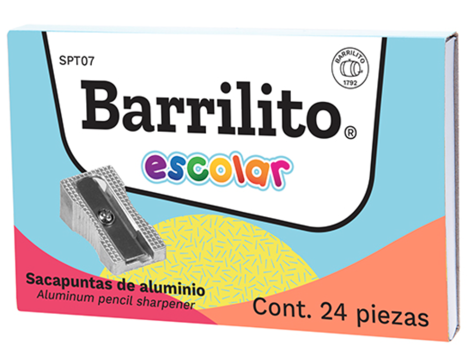 Sacapuntas metálico diagonal Barrilito 1 orificio 24 pzs metálico	