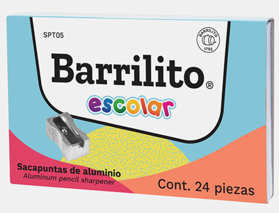 Sacapuntas metálico Barrilito 1 orificio con 24 pzs	