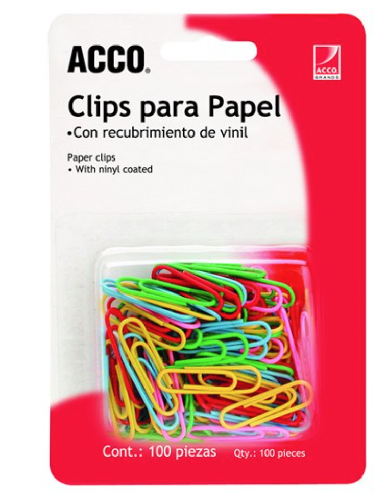 Clip estándar de colores ACCO capacidad hasta 20 hojas	