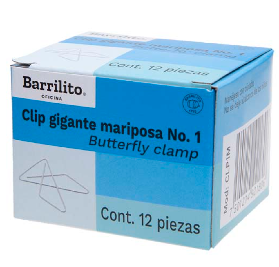 Clip mariposa gigante no. 1 Barrilito capacidad hasta 20 hojas	