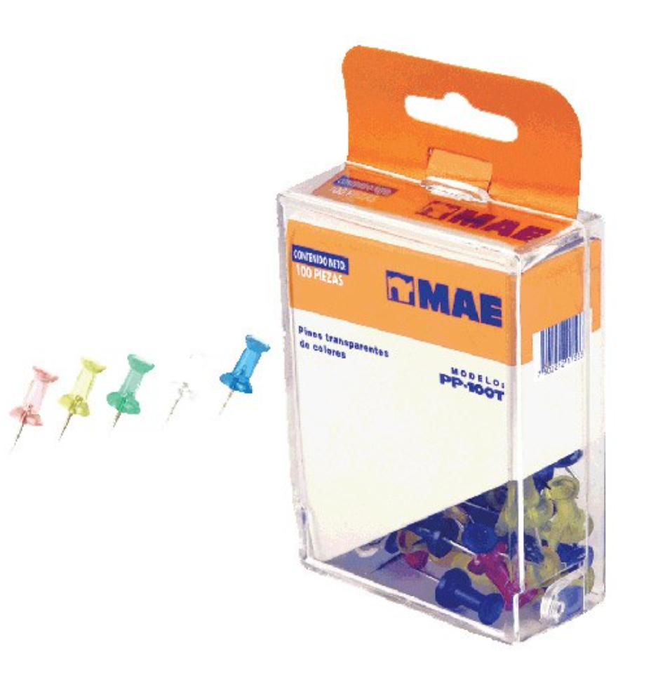 Caja de pines mae colores traslucidos con 100 piezas	
