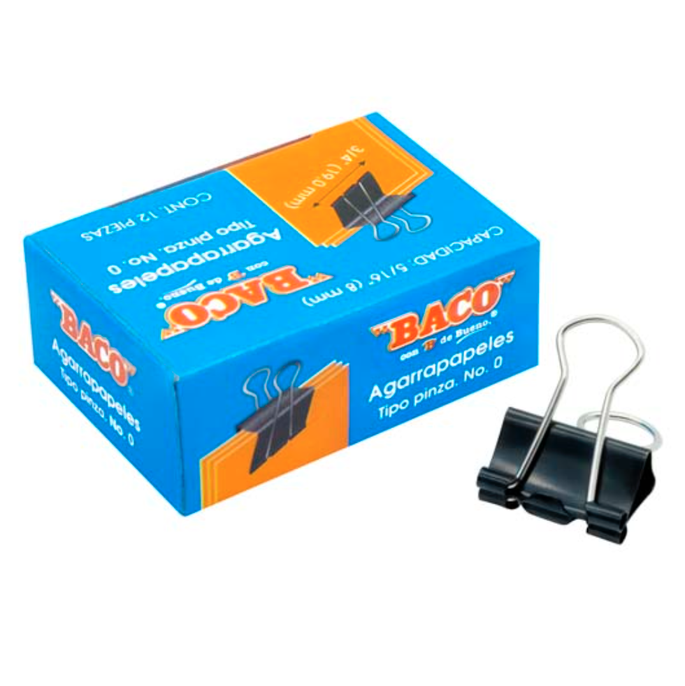 Broche marca Baco tipo pinza no.0, 1 caja con12 agarrapapeles