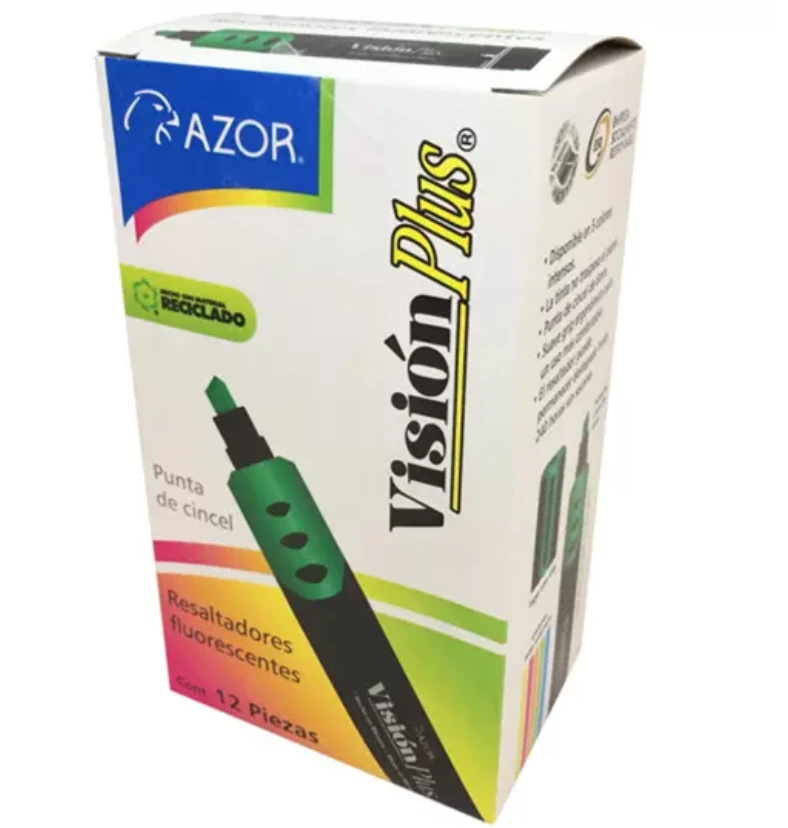 [AZO-MAR-2600VE] Resaltador de texto Vision Plus punta cincel 6 mm color verde caja con 12 pzas