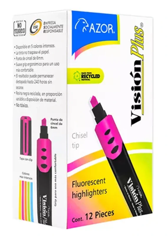 [AZO-MAR-2600RS] Resaltador de texto Vision Plus punta cincel 6 mm color rosa caja con 12 pzas