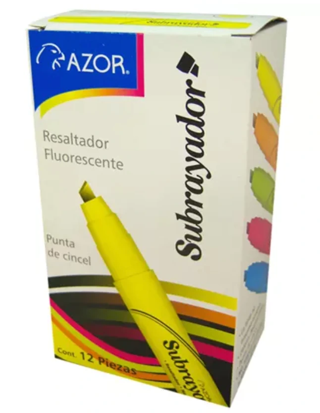 [AZO-MAR-2450AMC] Resaltador de texto Subrayador punta cincel 6 mm color amarillo caja con 12 pzas