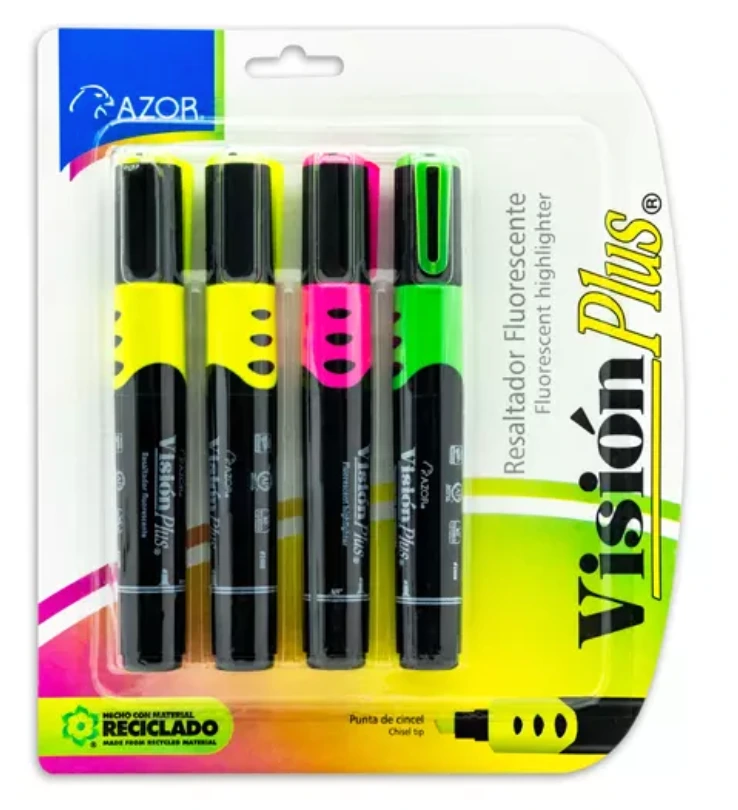 [AZO-MAR-2604AM] Resaltador de texto Vision Plus cincel 6mm colores surtidos blíster 4 pzas