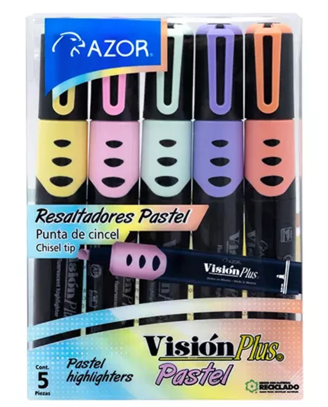 [AZO-MAR-2625P] Resaltador de texto Vision Plus Pastel colores surtidos empaque con 5 pzas