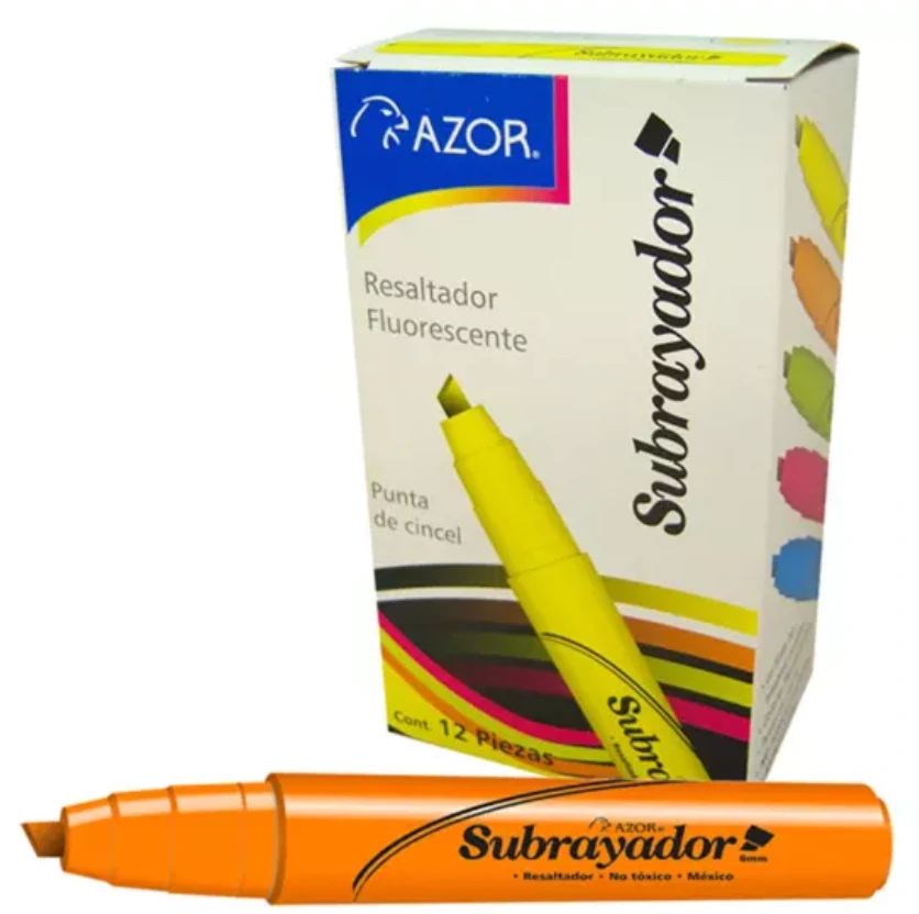[AZO-MAR-2450NAC] Resaltador de texto Subrayador punta cincel 6 mm color naranja caja con 12 pzas