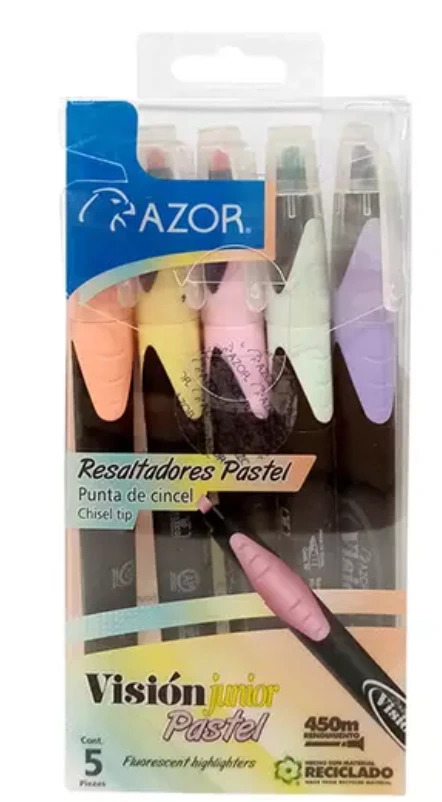 [AZO-MAR-2825P] Resaltador de texto Vision Junior cincel4 mm colores surtidos pastel con 5 pzas