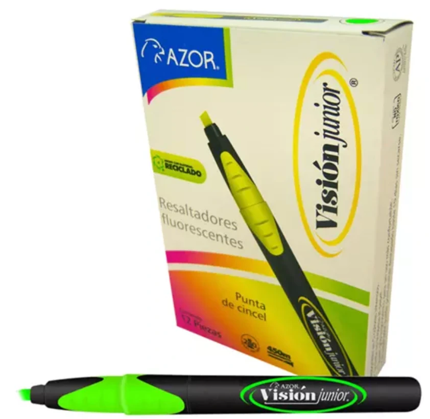 [AZO-MAR-2800VE] Resaltador de texto Vision Junior puntacincel 4 mm color verde caja con 12 pzas