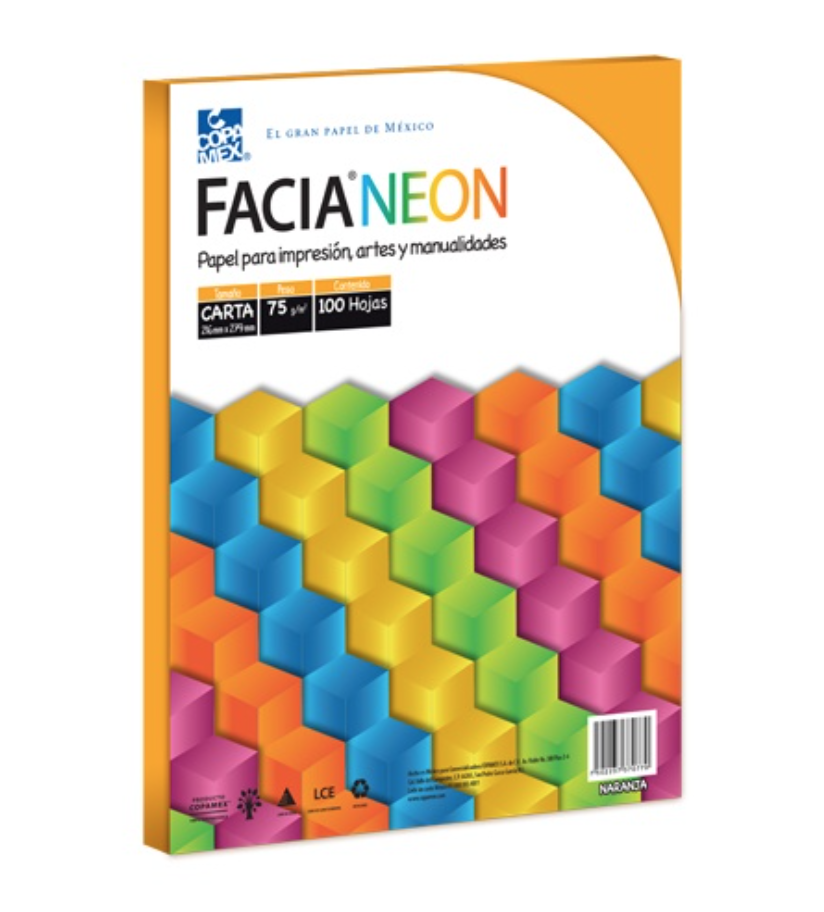 [COP-PAP-NEONNAR] Paquete de hojas de color Facia Neon tamaño carta color naranja 75gr 100 hojas