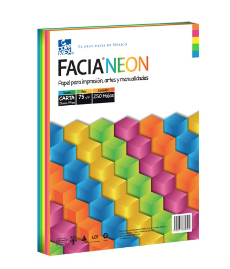 [COP-PAP-NEON] Paquete de hojas de color Facia Neon tamaño carta mix 5 colores 75gr 250 hojas