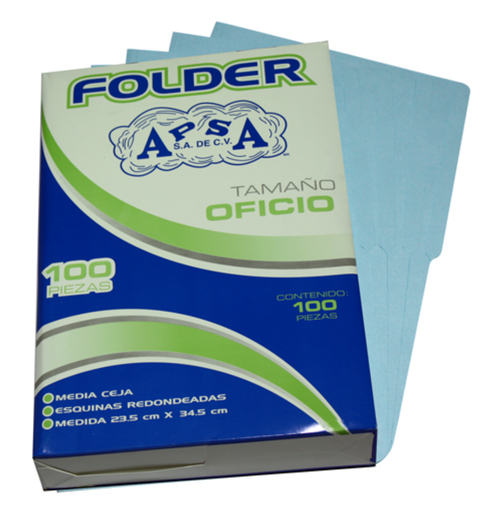 Folder azul APSA tamaño oficio , paquete con 100 piezas	